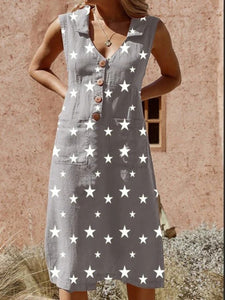 Elegant Buttoned Printed Pockets Midi Dress
