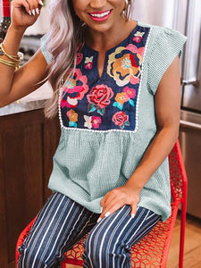 Striped Spot Short Sleeve Women's Blouses with Flowers