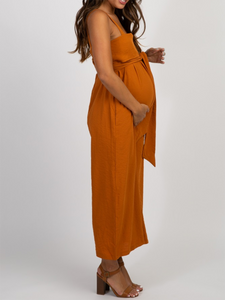 Camel Solid Color Self Tie Sleeveless Maternity Jumpsuit