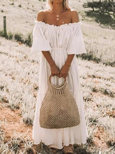 Bohemian Solid Color Off-the-shoulder  Maxi Dress