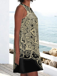 Retro Pockets Crew Neck Tribal Sleeveless Dresses