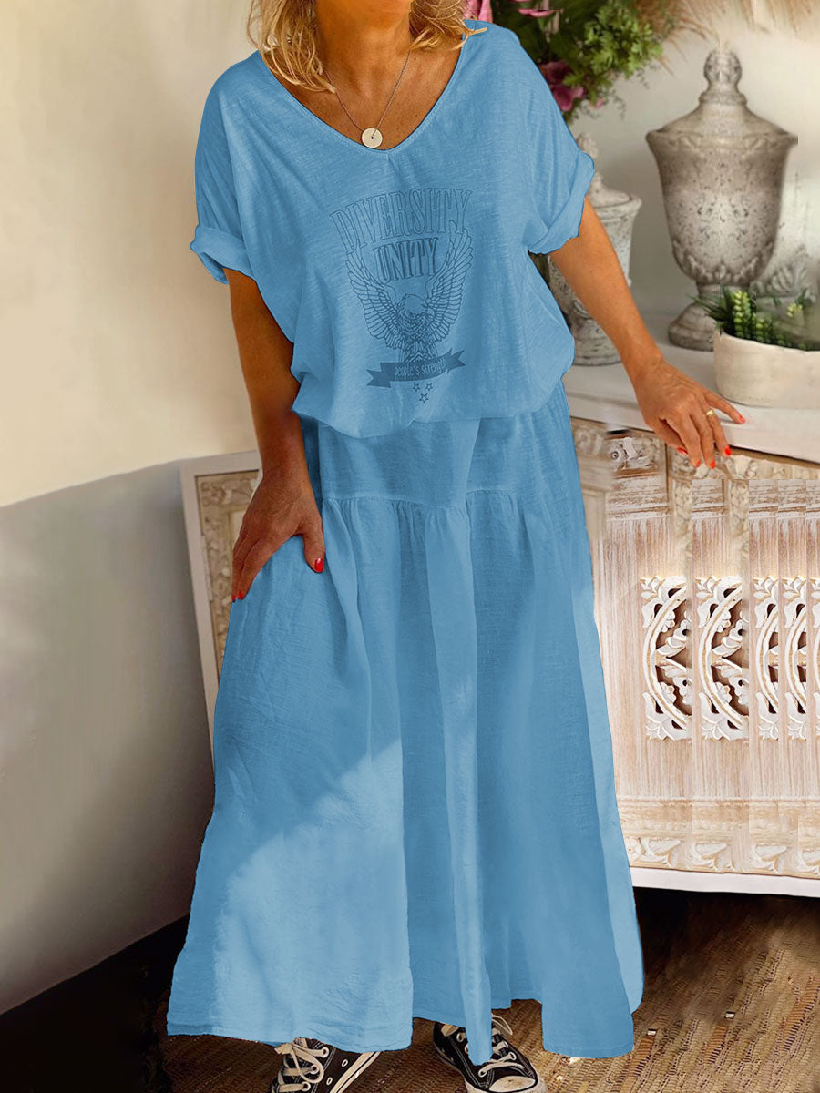 Fashion V-neck Short Sleeve T-shirt Two-piece Skirt