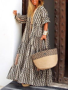 Loose Long Sleeve Zigzag Casual Dress for Summer Autumn