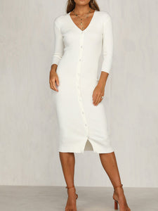 Sexy Solid Color V-neck Button Long Sleeve Dress