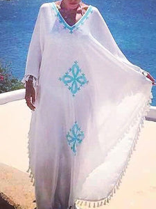 Exotic Style Embroidered Loose Maxi Dress with Tassel