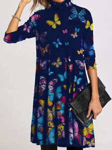Fashion Colorful Butterfly High Neck Casual Dress