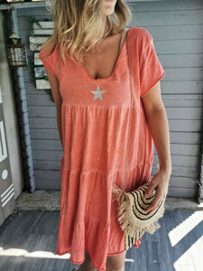 Casual V-neck Short Sleeve Star Print Dress