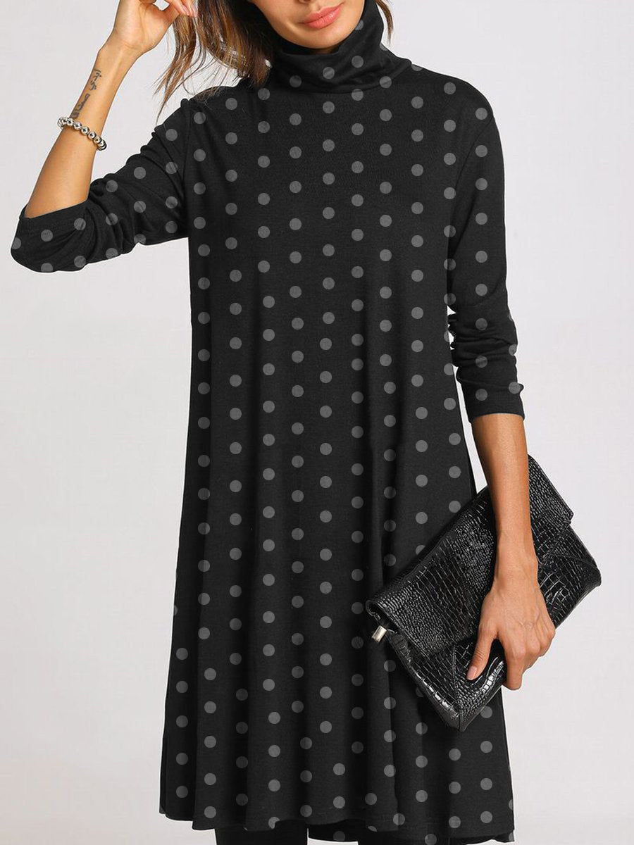 Simple Casual Loose High Neck Long Sleeve Polka Dot Dress