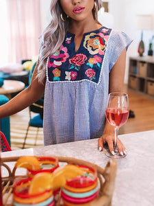 Striped Spot Short Sleeve Women's Blouses with Flowers