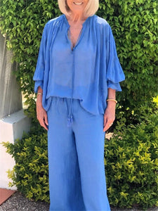Casual Loose V-Neck Top Trouser Suit