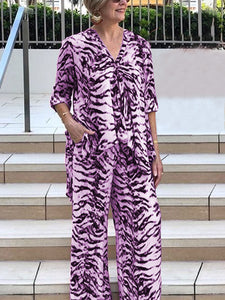 Leopard Print V-Neck Loose Casual Two-Piece Suit