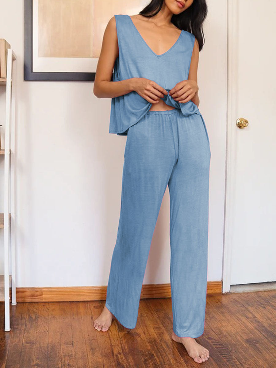 Simple Casual Loose V Neck Top Pants Set