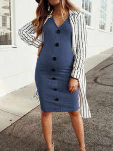 Sexy V-neck Buttons Solid Color Maternity Dress