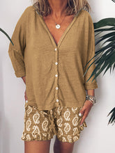 Load image into Gallery viewer, Simple Casual Loose Long Sleeve Top Floral Shorts Set
