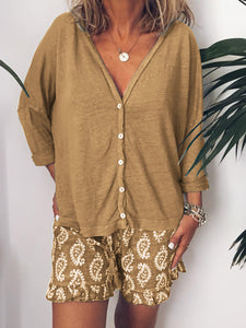 Simple Casual Loose Long Sleeve Top Floral Shorts Set