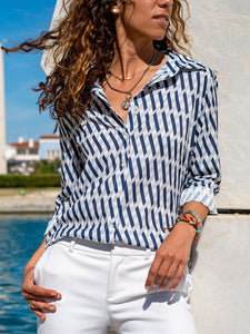 Cross Stripe Printed Top Casual Button Long Sleeve Shirt