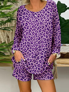 Retro Casual Loose Round Neck Long Sleeve Shirt Shorts Leopard Suit