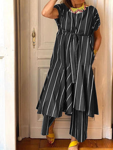Casual Loose Striped Short Sleeve Two-piece Suit