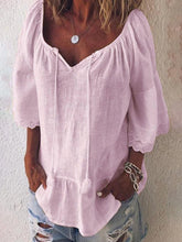 Load image into Gallery viewer, V Neck Solid Cutout Lace Paneled Tassel Blouses
