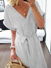 Load image into Gallery viewer, Casual V-neck Striped Double-breasted Dress

