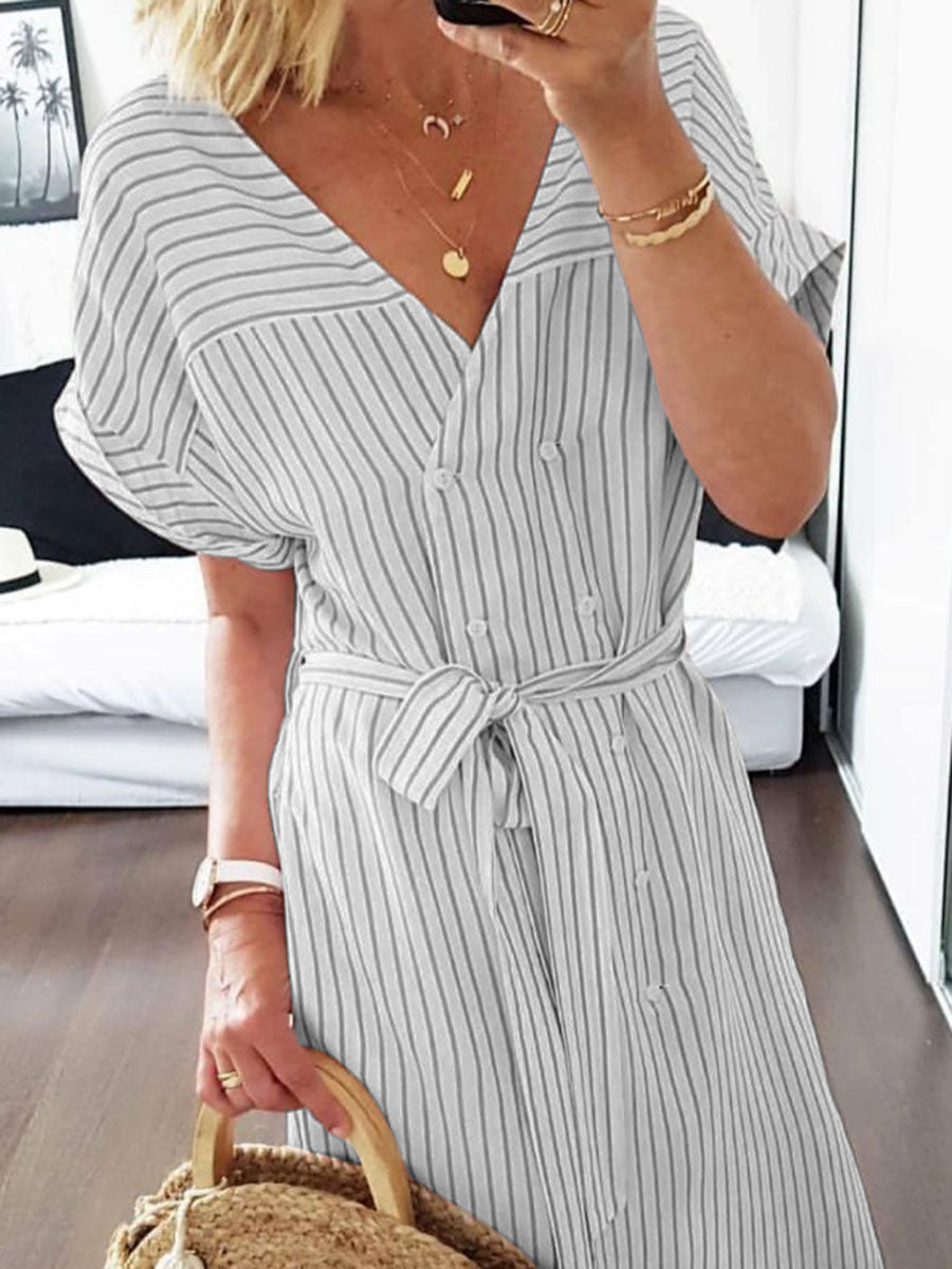 Casual V-neck Striped Double-breasted Dress