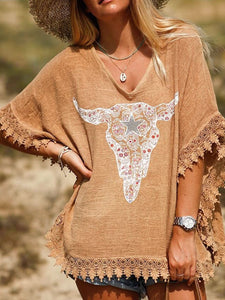 Vintage Casual Loose Lace V-Neck Top
