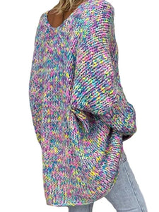 Casual V-neck Color Block Bat Sleeve Loose Sweater