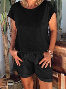 Simple Casual Loose Short Sleeved Top And Shorts Suit