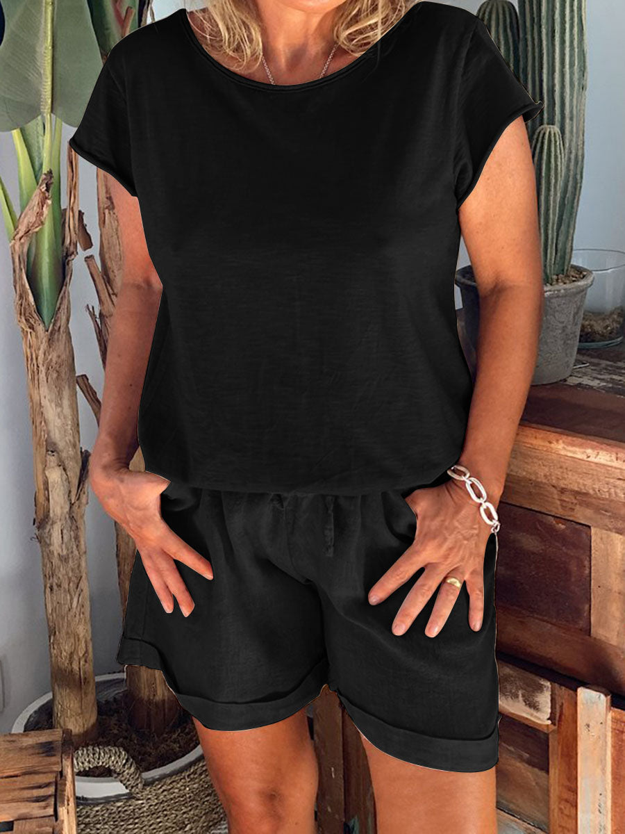 Simple Casual Loose Short Sleeved Top And Shorts Suit
