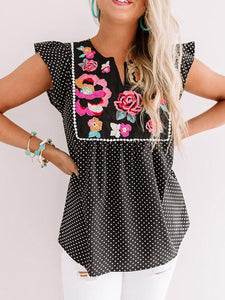 Striped Spot Short Sleeve Women's Blouses with Flowers