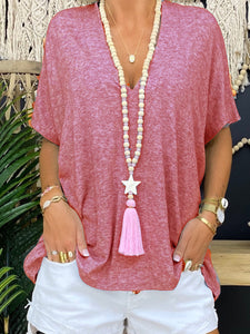 Loose Solid Color V-Neck Top