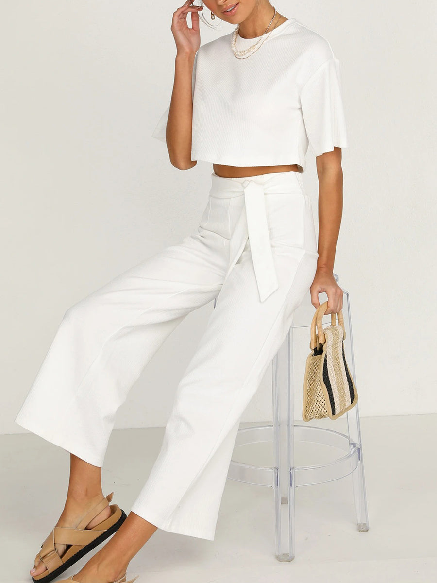Casual Loose Solid Color Short Sleeve Two-piece Suit