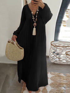 V-Neck Long Sleeve Loose Casual Dress