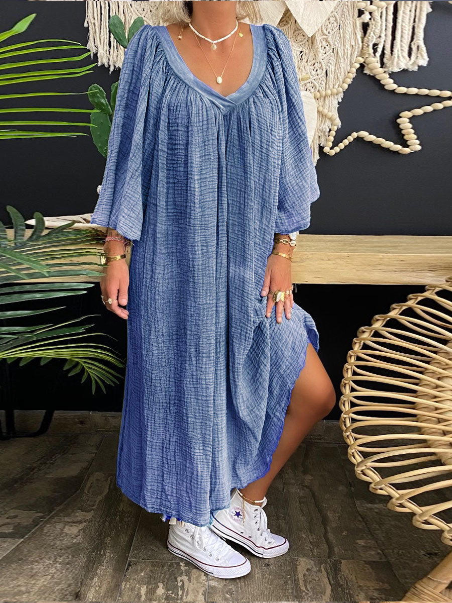 Retro Casual Loose Plain V-Neck Maxi Dress
