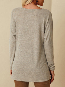 Solid Color V-neck Irregular Hem Long Sleeve Blouse