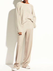 Two Piece Set of Casual Loose Round Neck Knitted Top Trousers