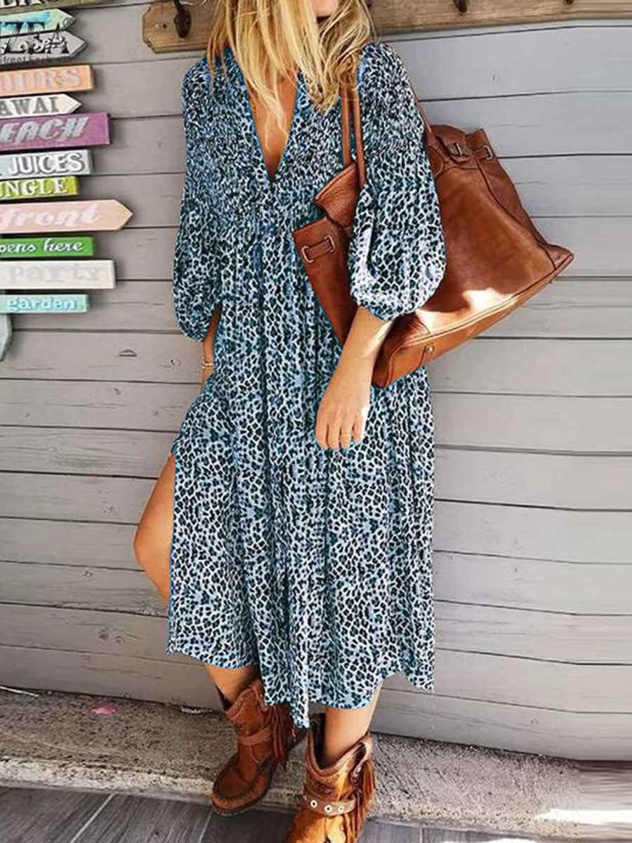 V-neck Bohemian Leopard Print Casual Dress