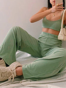 Casual V-neck Sling Sleeveless Solid Color Two-piece Suit