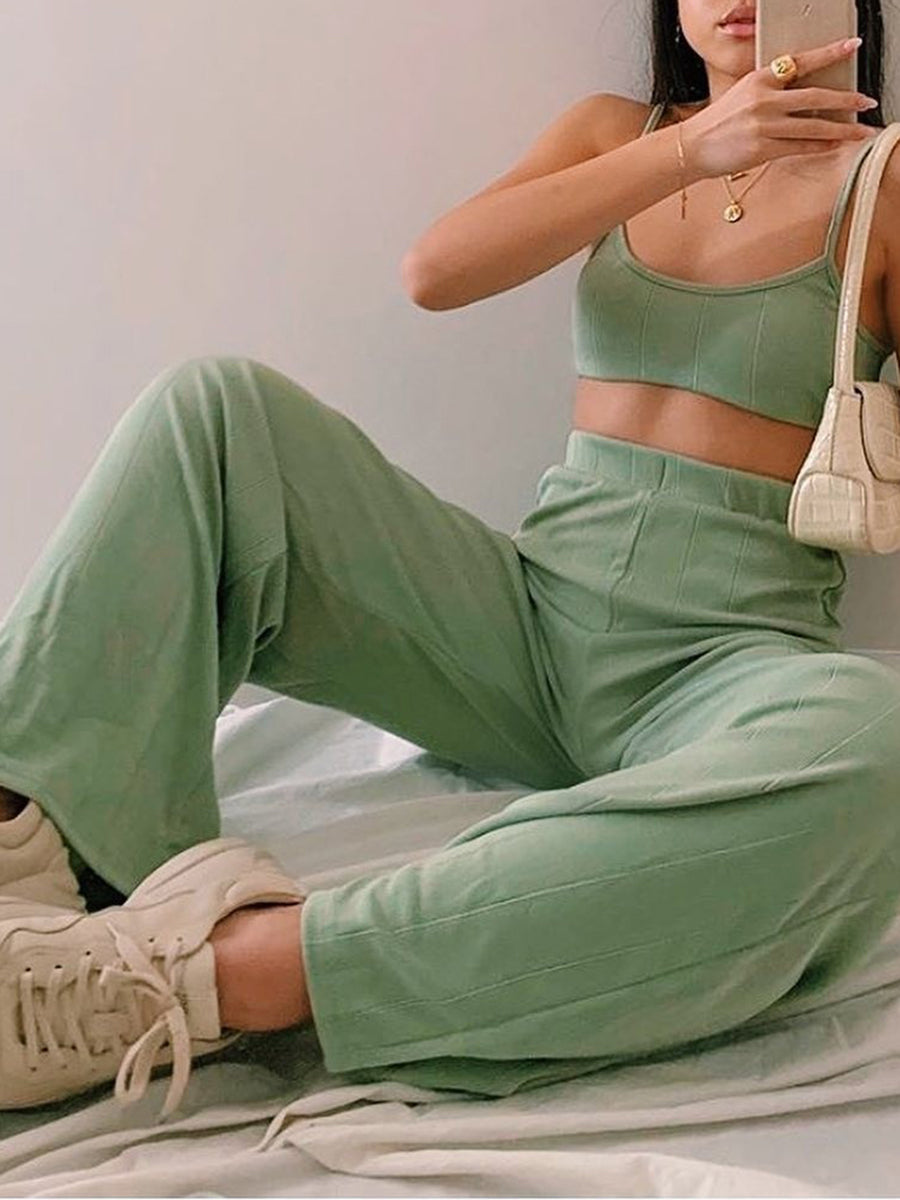 Casual V-neck Sling Sleeveless Solid Color Two-piece Suit