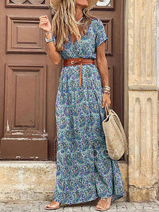 V Neck Print Short Sleeve Split Maxi Dress