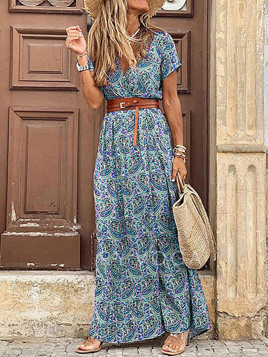 V Neck Print Short Sleeve Split Maxi Dress