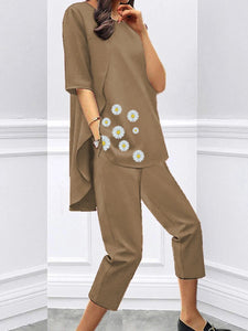 Loose Short-sleeved Casual Little Daisy Print Two-piece Suit