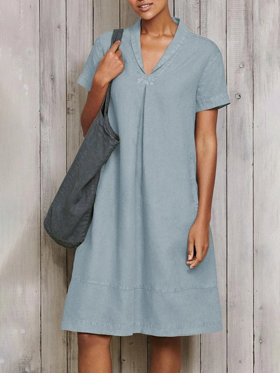 Lapel Solid Color Side Pocket Casual Dress