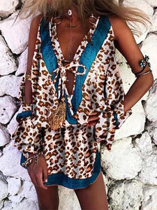 Bohemian Leopard Print V-Neck Mini Dress