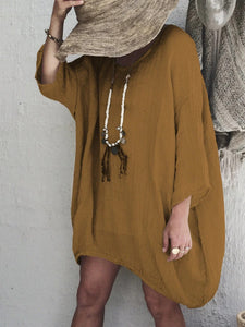 Round Neck Casual Solid Linen Blouses