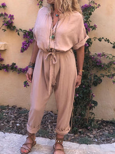 Casual Loose Solid Color V-neck Jumpsuit
