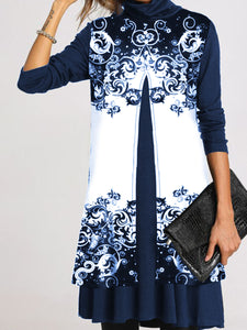 Warm Ceramic Pattern Loose Long Sleeve Casual Dress