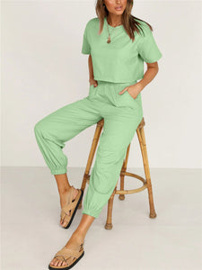 Simple Casual Loose Round Neck Short Sleeve Top Pants Suit