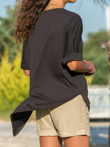 Round Neck Hem Split Solid Color T-Shirt Tops