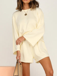 Casual Loose Solid Color Round Neck Long Sleeve Two-piece Suit
